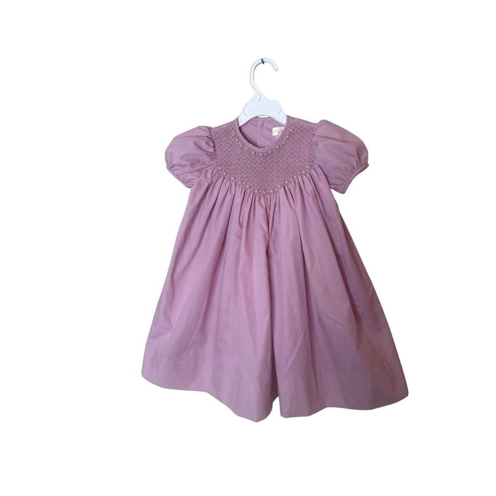 Petit Ami Dress Girls 12-18 Months Pink Smocked Embroidered Puff Sleeve Party